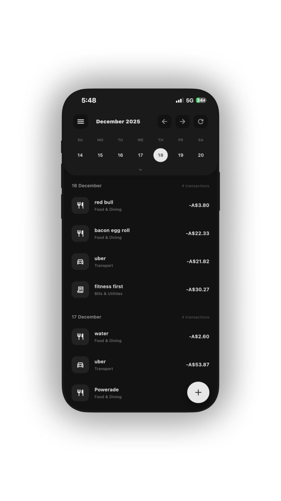 Expensif app interface showing a minimal expense list in dark mode.