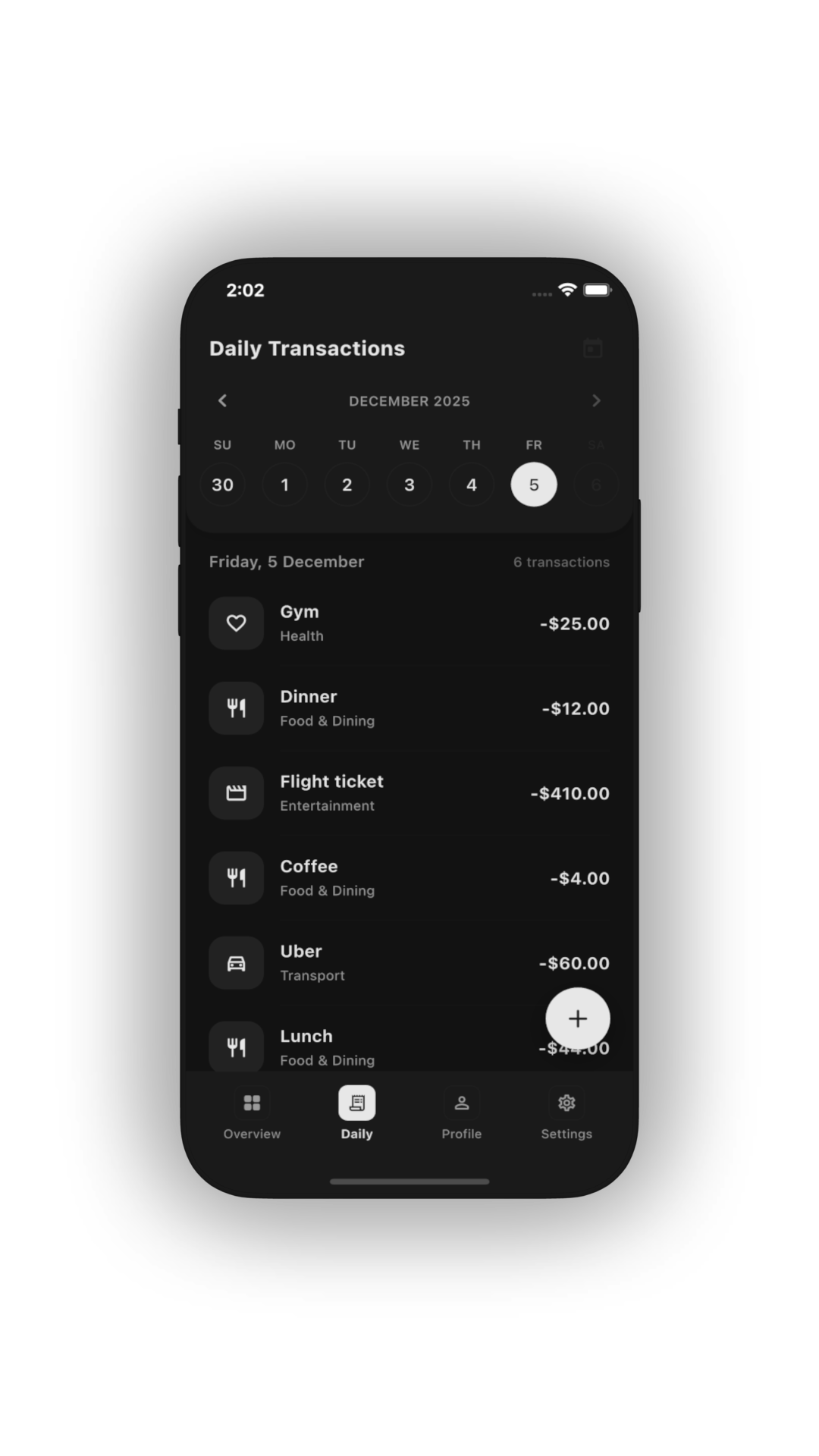 Expensif app interface showing a minimal expense list in dark mode.